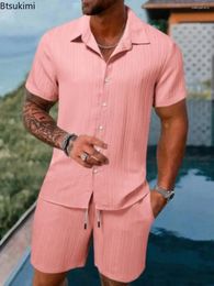 Men's Tracksuits Beach Style Sets 2024 High-Quality Strip Texture Comfotable Casual 2-Piece Man Short Sleeve Shirts Pants Suits