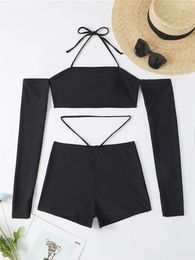 Women's Swimwear Long Sleeve Off Shoulder Female Swimsuit High Waist Bikini Women Two-pieces Set Bather Bathing Suit Swim K3945