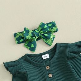 Clothing Sets St Patrick S Day Outfit Baby Girl Long Sleeve Romper Bodysuit Clover Flare Pants Headband Set Luck Of The Irish 3pcs Spring