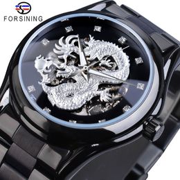 Forsining Silver Dragon Skeleton Automatic Mechanical Watches Crystal Stainless Steel Strap Wrist Watch Men's Clock Waterproo271c