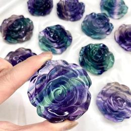 Decorative Figurines Rainbow Fluorite Rose Flower Sculpture Love Crystal Gift Reiki Natural Amethyst Quartz Floral Carving Specimen