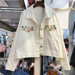 Women's Jackets Heavy Work Beaded Diamond White Denim Jacket Women Spring Korean Casual Lapel Long Sleeve Jeans Coat Outwear