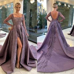 Stunning purple Evening Dresses a line illusion long sleeves glitter Formal Prom dress beads luxury red carpet gown sweep train split Robe De Soiree