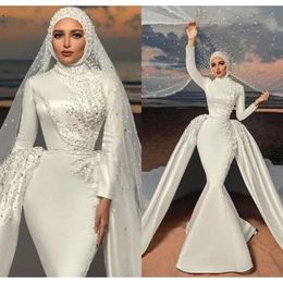 Muslim Mermaid Wedding Dresses With Detachable Train Satin Beaded Bridal Gowns Pearls Hijab Custom Made Robes De Marie Bes