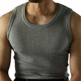 men Streetwear Casual Solid Colour Knitted Vest Sports Gym Bottoming Shirt Autumn Essential Ribbed Tank Top Slim Sleevel Tees 308g#
