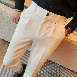 Business Casual Suit Pants Men Solid Colour Office Social Dress Pants Male Elastic Waistline Ankle Length Wedding Party Trousers