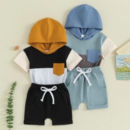 Clothing Sets Toddler Boys Clothes 2 Piece Outfits Contrast Colour Short Sleeve Hooded T-Shirt And Elastic Shorts Set Summer Baby