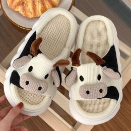 Boots Cute Cartoon Milk Cow Linen Slippers for Women Thick Bottom Home Shoes Cotton Couple Indoor Slippers Funny Male Home Slides