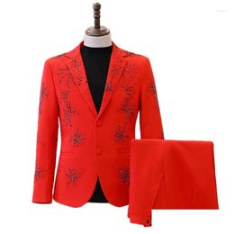 Mens Suits Blazers Red Shining Rhinestones Suit Bar Concert Performance Shiny Blazer Pants Set Male Banquet Guest Host Stage Crystals Otcyn