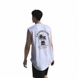 print Vest Men Summer Casual Beach Tank Top Korea Fi Sleevel Shirts Male Loose Undershirt 100% Cott Tees Hip Hop Tops 44V3#