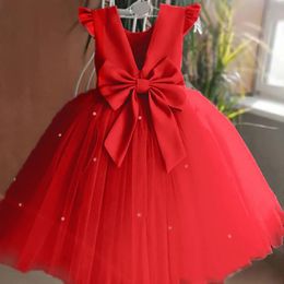 Baby Red Christmas Dresses for Girls Beading Backless Wedding Birthday Ceremony Gala Dress Cute Princess Party Evening Gown 240318