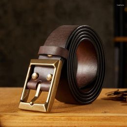 Belts 4cm/1.57'' Handmade Leather Belt For Men First Layer Cowhide Brass Center Bar Buckle Retro Casual Men's Workwear Jeans