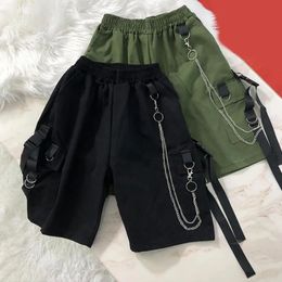 Men Shorts Multi Pockets Chain Strap Decor Casual Shorts Mid-Rise Elastic Waistband Male Shorts Knee Length Men Cargo Short 240319