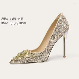 Dress Shoes Spring And Summer Pointy Sequin Diamond Wedding Slim High Heels Banquet Large Small Women's Single