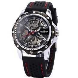 2022 New Winner Black Rubber Band Automatic Mechanical Skeleton Watch For Men Fashion Gear Wrist Watch Reloj Army Hombre Horloge225C