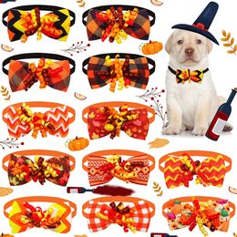 50PCS Thanksgiving Decorate Dog Bowties Neckties with Colourful Ribbon Pumpkin Grooming Adjustable Collar Puppy Supplies 240314