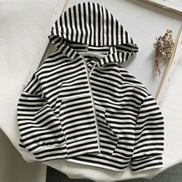 Jackets Autumn Childrens Hooded Striped Sweater Coat Korean Style Casual Boys And Girls Baby Zipper Top Wear