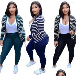 Womens Hoodies Sweatshirts Fashion Striped Button Up Cardigan Pants Two-Piece Set Drop Delivery Apparel Clothing Ot5Ix