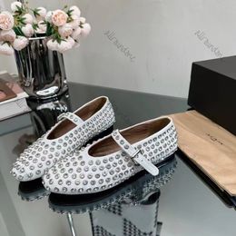 Women Dress shoes ALAlAss Top quality New Mary Jane ballet flats hollowed out mesh sandals round head rhinestone rivet Genuine leather Party Designer loafers 35-42