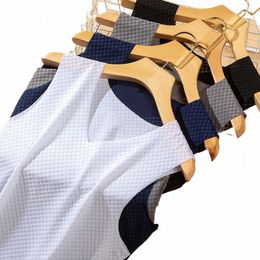 v-neck Sleevel Men Vest Grid Texture Smooth Thin Elastic Solid Color Ice Silk Vest Sportwear Tank Tops Fitn Gym Workout s1H1#