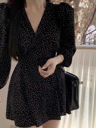 Casual Dresses Korobov V-neck Long Sleeve Short Skirt Polka Dot Vintage Waist Dress Puffed Chiffon Women Korean Fashion Vestidos