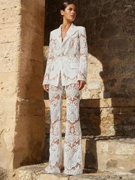 Calças femininas de duas peças artesanais malha bordada lantejoulas conjunto branco designer terno casaco e peças blazer punk