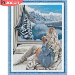 Calligraphy Huacan Embroidery Winter Girl Diy Handmade Dmc Threads Print Canvas 11ct Cross Snow Woman Kits Home Decoration Needlework