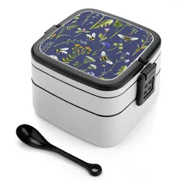 Dinnerware Bees And Wildflowers On Dark Blue Bento Boxes Wheat Fibre Pp Material Leak Proof With Tableware Bee Insect Pollinator Botanical