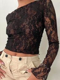 Women's T Shirts Y2k Floral Lace Going Out Crop Tops For Women Sexy Slim Fit Long Sleeve Shirt Mesh Sheer See Through Tee