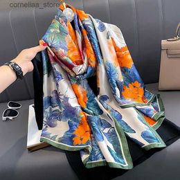 Bandanas Durag Scarves Women Luxury Brand Warm Scarves Fashion Satin Finish Silk Scarf The Four Seasons Print Hijab Popular Design 180X90CM Lrage Shawl Y240325