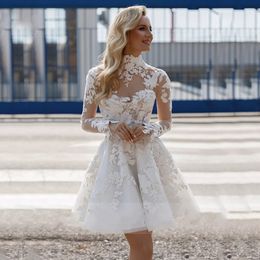Charming Short Wedding Dress Illusion Applique High Neck and Long Sleeves A-Line Knee-Length Bridal Civil Gowns Vestido De Novia