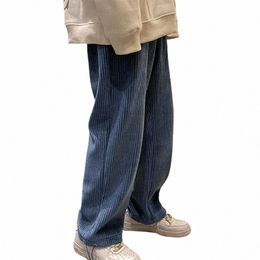 Homens New Fi Casual Calças Retas Corduroy Cor Sólida Calças Oversize Homem Quente Coreano Gravata Perna Calças Streetwear G3Qv #