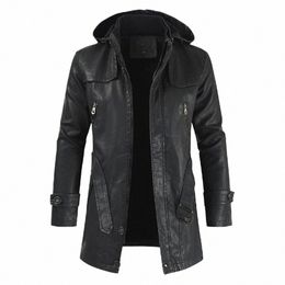 men Cool Luxury Pu Jacket Black Faux Leather Jackets With Belt Lg Trench Coats 2024 Stylish simplicity Fi Hooded Outwear i7o3#