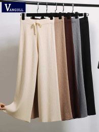 Capris Vangull Spring Autumn Knitted Wide Leg Pants Women Korean Solid Pit Anklelength Pants Elastic Waist Lace Up Pants Sweatpants