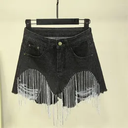 Women's Jeans 2024 Summer Women Vintage Ripped Short Femme Fashion Casual High Waist Diamond Tassel Chain Sexy Denim Shorts Ladies B209