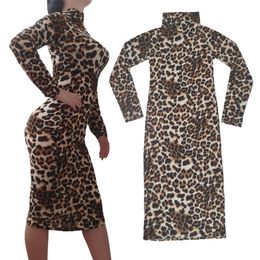 Drop Shipping 2024 Women's Leopard Pattern Elastic High Neck Dress 603505