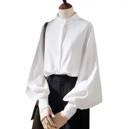 Women's Blouses Puff Sleeve Top Elegant Stand Collar Cardigan Blouse With Lantern Sleeves For Formal Business Style Commute Stand-up