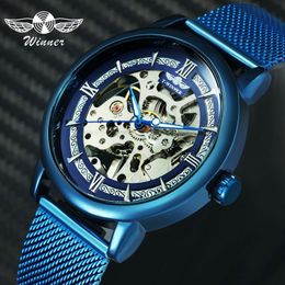 WINNER Official Fashion Casual Men Mechanical Watch Blue Mesh Strap Ultra Thin Skeleton Mens Watches Top Brand Luxury Clock 2019 C325b