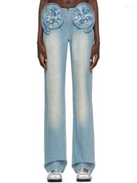 Women's Jeans 2024 Summer Fashion High Quality Blue Sexy 3D Flower Wide Leg Low Waist Street Wear Denim Pants