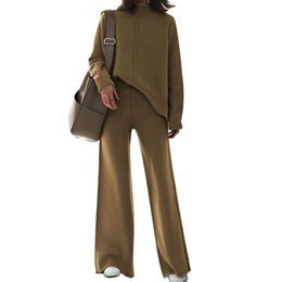 HUUSA Women's 2 Piece Sweatsuit Outfits Long Sleeve Neck Knit Pullover Sweater Top High Waist Wide Legs Pants Lounge Set