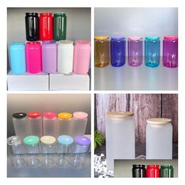 Mugs 16Oz Sublimation Glass Tumbler Clear Frosted With Colorf Lids Bamboo Maosn Jar Glasses Reusable St Beer Can Soda Cup Drinking Dro Dhk5U
