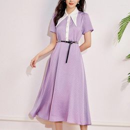 Party Dresses Vintage For Women 2024 Summer Elegant Turn-down Collar Short Sleeve Purple Dot Print Women's Clothing Long Dress A-line