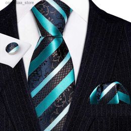 Neck Ties Neck Ties Luxury Teal Green Blue Striped Floral Tie for Mens Necktie Pocket Square Cufflinks Set Wedding Gift Corbatas BarryWang 6323 Y240325