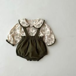 7054 autumn baby girls clothes set floral blouse and strap shorts korean green for infant borns 240314