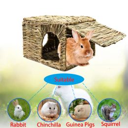 Cages Large Grass House for Rabbit Foldable Woven Straw Hut with Double Openings Playhouse Chinchilla Guinea Pig Grass Nest Pet House