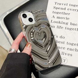 Cell Phone Cases Luxury Electroplate Silver 3D Heart Water Ripple Phone Case for iPhone 14 13 12 11 Pro Max Cases Soft Silicone Shockproof Shell H240326