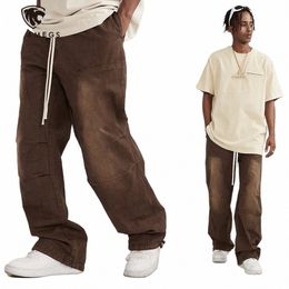 vintage Retro Wed Cargo Pant for Men Drawstring Solid Oversized Knee Pleated Trousers Casual Adjustable Leg Ong Sweatpant Q7vV#