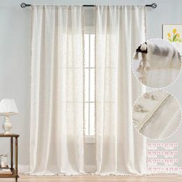 Curtains Cotton Linen Curtains for Living Room Boho Cream Semi Sheer Window Drapes Rod Pocket Tassel Slot Top Voile Sheer Curtains Panels