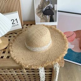 Wide Brim Hats Bucket Hats Sweet lace shoulder strap summer straw hat handmade woven Lafite sun hat retro travel sun protection beach vacation hat J240325
