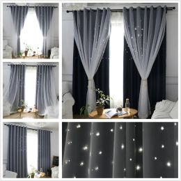 Curtains Hollow Star Blackout Curtains Kids Window Polyester Fabric Custom Made Creative Kitchen Curtain Drapes for Living Room Blue Pink